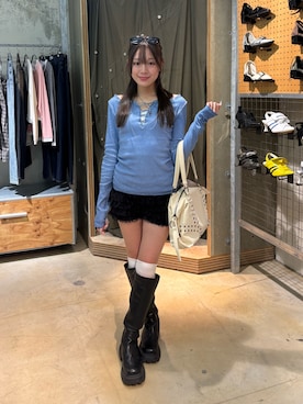 「WHO'S WHO gallery（フーズフーギャラリー）のプロセストレースアップトップス（Tシャツ/カットソー、ブルー系）」を使った、Hazukiさん（レディース・159cm）の春コーディネート