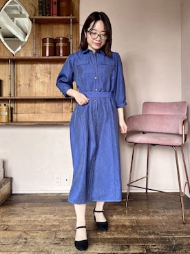 「ITS'DEMO（イッツデモ）の【洗濯機OK】デニム風ワンピース（ワンピース、ブルー系）」を使った、Saoriさんの春コーディネート
