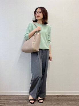 「ITS'DEMO（イッツデモ）の【手洗い可】ラメガーターニット（ニット/セーター、グリーン系）」を使った、Saoriさんの春コーディネート