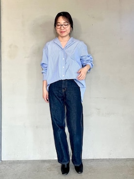 「ITS'DEMO（イッツデモ）の【手洗い可】2wayストライプブラウス（シャツ/ブラウス、ブルー系）」を使った、Saoriさん（レディース・156cm）の冬コーディネート