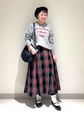 「Dessin（デッサン）の【洗える】チェック柄起毛フレアスカート（スカート、レッド系）」を使った、Liriさん（レディース・157cm）の冬コーディネート