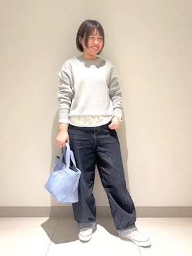 「Dessin（デッサン）の【洗える】ワイドカーブシルエット12OZデニム（その他パンツ、ブルー系）」を使った、Liriさん（レディース・157cm）の冬コーディネート
