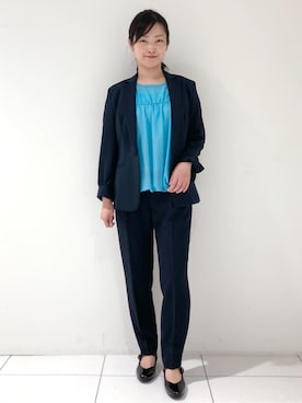 「アイテム（スーツジャケット、ブルー系）」を使った、momokoさん（レディース・157cm）の夏コーディネート