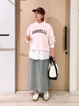「SHOO・LA・RUE（シューラルー）の【洗濯機可/S-LL】コーデの主役になる ロゴアソート 裏毛スウェット（スウェット、ピンク系）」を使った、ぷくりんさん（レディース・159cm）の春コーディネート
