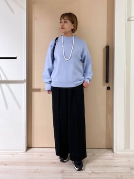 「SHOO・LA・RUE（シューラルー）の【毛玉になりにくい/洗濯機可/S-LL】お袖パールの上品ニット（ニット/セーター、ブルー系）」を使った、ぷくりんさん（レディース・159cm）の冬コーディネート