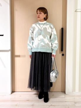 「SHOO・LA・RUE（シューラルー）の【洗濯機可/S-LL】1枚で華やかに ラメ入りニュアンス柄ニット（ニット/セーター、グリーン系）」を使った、ぷくりんさん（レディース・159cm）の冬コーディネート