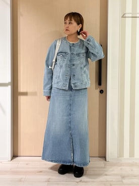 「SHOO・LA・RUE（シューラルー）の【SHOO・LA・RUE DENIM/S-LL/高レビュー】大人のための ノーカラーデニムジャケット（デニムジャケット、ブルー系）」を使った、ぷくりんさん（レディース・159cm）の冬コーディネート