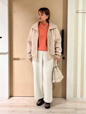 「SHOO・LA・RUE（シューラルー）の【S-LL】軽くてふんわりあたたかい スライバージャケット（ブルゾン、ベージュ系）」を使った、ぷくりんさん（レディース・159cm）の冬コーディネート