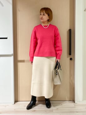 「SHOO・LA・RUE（シューラルー）の【S-LL/洗濯機可/体型カバー】大人世代も取り入れやすい スウェットライクニット（ニット/セーター、ピンク系）」を使った、ぷくりんさん（レディース・159cm）の冬コーディネート