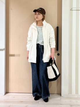 「SHOO・LA・RUE（シューラルー）の【防花粉/S-LL】ウエストマークですっきり見え　軽やかスタンドブルゾン（ブルゾン、ホワイト系）」を使った、ぷくりんさん（レディース・159cm）の春コーディネート