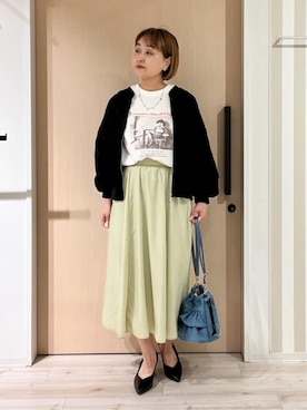 「SHOO・LA・RUE（シューラルー）のちょうどいい華やかさ　ふんわりレースブルゾン（ブルゾン、ブラック系）」を使った、ぷくりんさん（レディース・159cm）の冬コーディネート