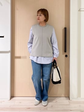 「SHOO・LA・RUE（シューラルー）の【SHOO・LA・RUE DENIM/SS-LL】程よい厚みの ストレートデニムパンツ（10.5オンス）（デニムパンツ、ブルー系）」を使った、ぷくりんさん（レディース・159cm）の冬コーディネート