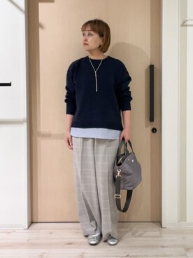 「SHOO・LA・RUE（シューラルー）の【高レビュー/洗濯機可/S-LL】さらに軽くなった スポンディッシュ裾フェイクトップス（ニット/セーター、ブルー系）」を使った、ぷくりんさん（レディース・159cm）の春コーディネート