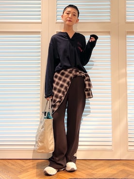 「DRESSTERIOR（ドレステリア）の【ウォッシャブル】ビエラオンブレチェックシャツ（シャツ/ブラウス、レッド系）」を使った、OCHIAIさん（レディース・158cm）の秋コーディネート