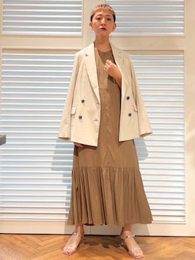 「DRESSTERIOR（ドレステリア）の【セットアップ可/吸水速乾/ウォッシャブル】リネンブレンドオックスダブルジャケット（テーラードジャケット、ベージュ系）」を使った、OCHIAIさん（レディース・158cm）の夏コーディネート
