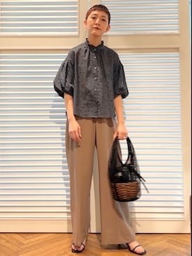 「DRESSTERIOR（ドレステリア）のフロッキードット ボリュームスリーブ ブラウス（シャツ/ブラウス、ブルー系）」を使った、OCHIAIさん（レディース・158cm）の春コーディネート