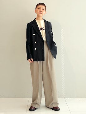 「DRESSTERIOR（ドレステリア）の【セットアップ可】リネンブレンドダブルブレストジャケット（テーラードジャケット、ブルー系）」を使った、OCHIAIさん（レディース・158cm）の春コーディネート