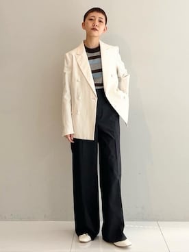 「DRESSTERIOR（ドレステリア）の【セットアップ可】リネンブレンドダブルブレストジャケット（テーラードジャケット、ホワイト系）」を使った、OCHIAIさん（レディース・158cm）の春コーディネート