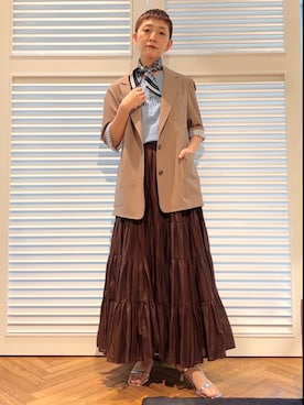 「DRESSTERIOR（ドレステリア）の【接触冷感/セットアップ可】 2WAYストレッチスリークオータージャケット（テーラードジャケット、ブラウン系）」を使った、OCHIAIさん（レディース・158cm）の春コーディネート