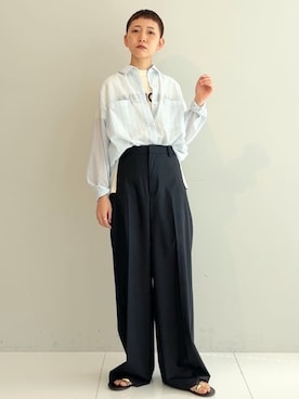 「DRESSTERIOR（ドレステリア）のシアー ストライプシャツ（シャツ/ブラウス、ブルー系）」を使った、OCHIAIさん（レディース・158cm）の春コーディネート