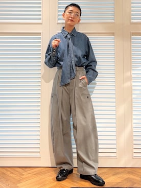 「DRESSTERIOR（ドレステリア）の【取り外し可能】2WAY ボウタイデニムシャツ（シャツ/ブラウス、ブルー系）」を使った、OCHIAIさん（レディース・158cm）の秋コーディネート