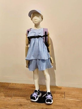 「SHOO・LA・RUE（シューラルー）の【100-150cm】着るだけでコーデが決まる ギンガムチェックセットアップ（セットアップ、ブルー系）」を使った、machiさん（レディース・159cm）の春コーディネート