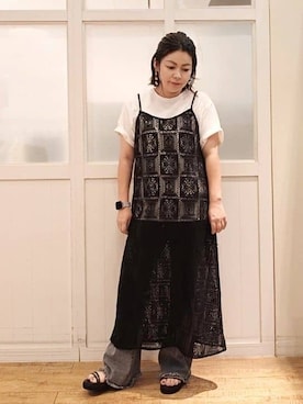 「SHOO・LA・RUE（シューラルー）の【S-LL/ひんやり/UV】選べる6柄でそれぞれ欲しくなる プリントTシャツ（Tシャツ/カットソー、ホワイト系）」を使った、machiさん（レディース・159cm）の夏コーディネート