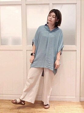 「SHOO・LA・RUE（シューラルー）の【ひんやり】すっきりきれいに体型カバー コクーンシルエットワンピース（チュニック、ブルー系）」を使った、machiさん（レディース・159cm）の夏コーディネート
