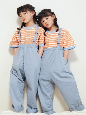 「JAM & LINK（ジャムアンドリンク）のストレッチドライ サロペット（Salopette、ブルー系）」を使った、yuzu/suzuさん（キッズ）の春コーディネート