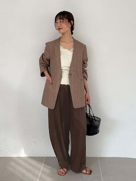 「SLOBE IENA（スローブイエナ）のメランジュヘリンボーンカラーレスジャケット（ノーカラージャケット、ベージュ系）」を使った、chihiroさん（レディース・159cm）の冬コーディネート