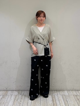 「KBF（ケイビーエフ）のハーフスリーブダブルジャケット（その他アウター、グリーン系）」を使った、さきさん（レディース・153cm）の夏コーディネート