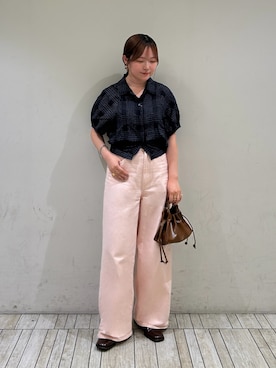 「KBF（ケイビーエフ）のミニマルWIDEパンツ（その他パンツ、ピンク系）」を使った、さきさん（レディース・153cm）の夏コーディネート