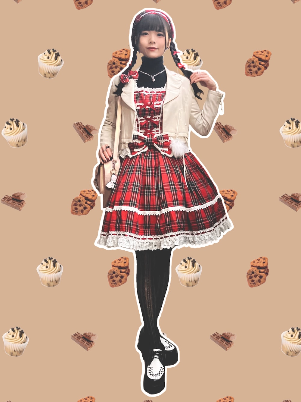 ブラック系のドレスシューズ、ピンク系のバックパック/リュック、ブラック系のニット/セーターを着用したレディースの秋コーディネートの1枚目の写真