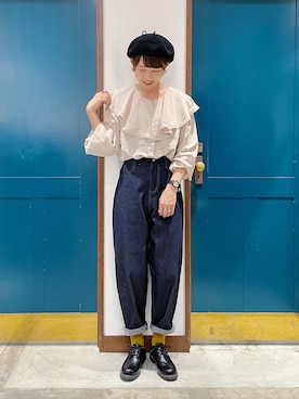 「襟付きトップス」｜「アイテム（ハンチング/ベレー帽）」を使った、うーさん ☁︎ 。さん（レディース・166cm）の秋コーディネート