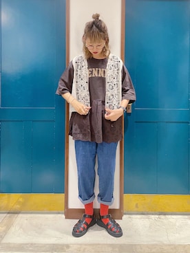 「Samansa Mos2（サマンサ モスモス）のモチーフレースベスト（ベスト）」を使った、うーさん ☁︎ 。さん（レディース・168cm）の夏コーディネート