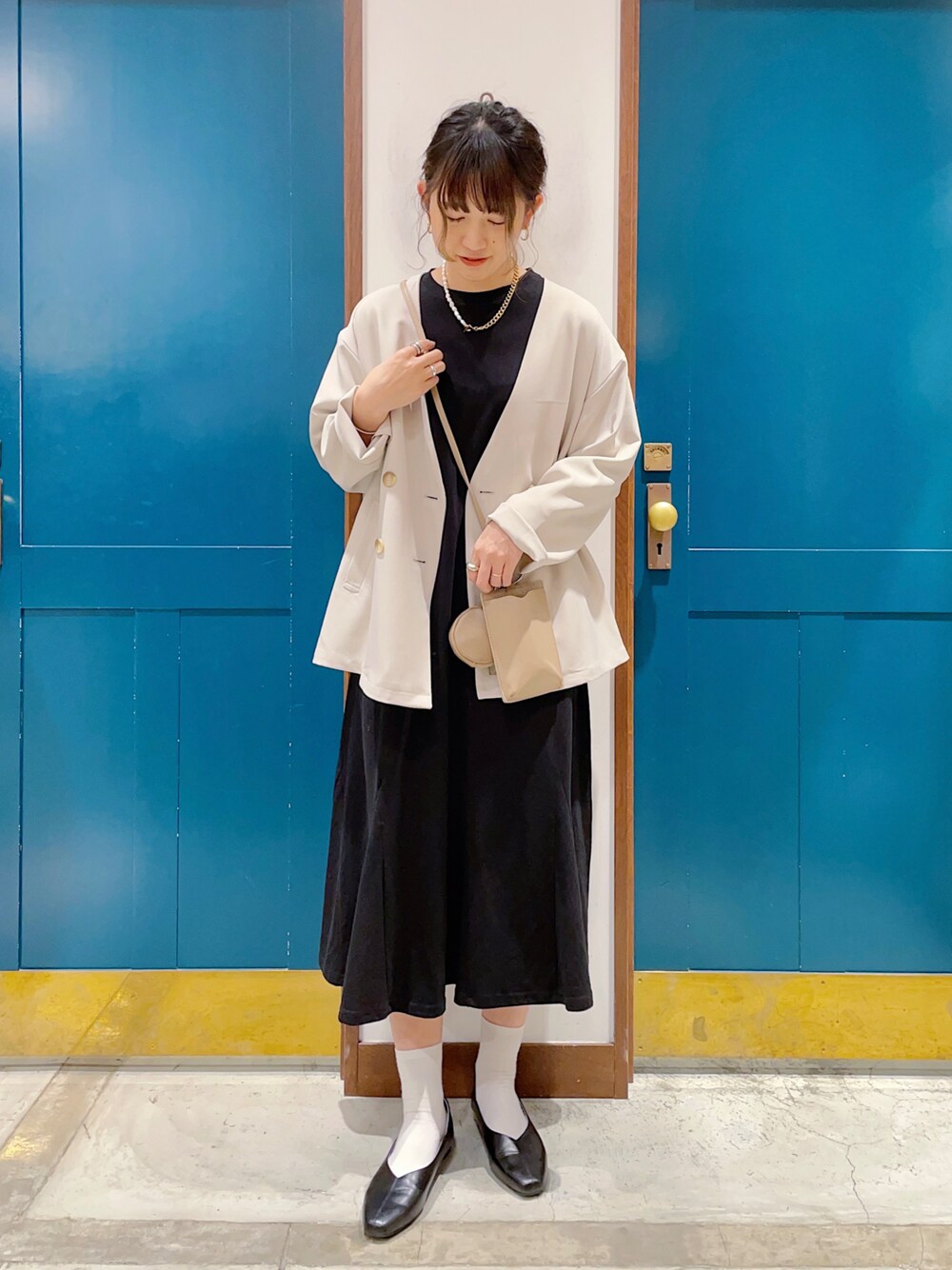 「今日のコーデ、お洒落さんとつながりたい、春、きれいめカジュアル、ジャケット、エヘカソポ、ehka sopo、黒ワンピ、高身長女子、高身長コーデ、ブラックコーデ、テーラードジャケット、ローファー、マーメイドスカート、いいね、save、フォローお願いします🤑」｜「ehka sopoのカットマーメイドワンピース（ワンピース、ブラック系）」を使った、うーさん ☁︎ 。さん（レディース・166cm）の春コーディネートの1枚目の写真