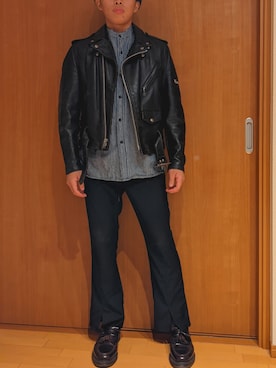 「HARE」｜「アイテム（ライダースジャケット）」を使った、カルボナーラさん（メンズ・169cm）の秋コーディネート