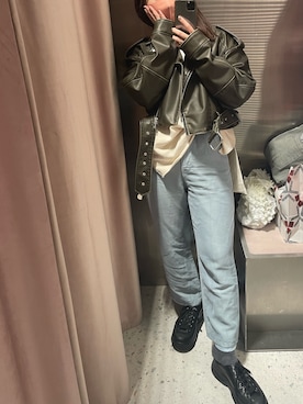 「アイテム（ライダースジャケット）」を使った、Niさん（レディース・154cm）の春コーディネート