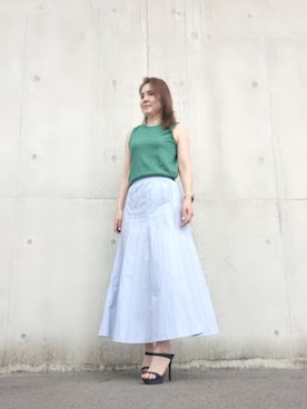 「Green　Parks（グリーンパークス）のストライプフレアスカート（スカート、ブルー系）」を使った、Rieさん（レディース・168cm）の秋コーディネート