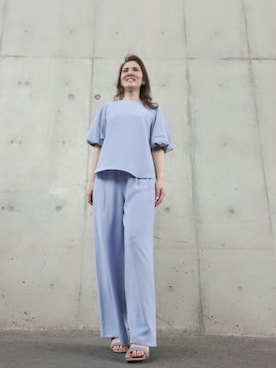 「GU（ジーユー）のGU バブルスリーブブラウス（シャツ/ブラウス、ブルー系）」を使った、Rieさん（レディース・168cm）の夏コーディネート