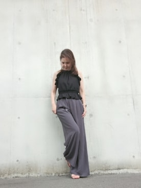 「しまむら（シマムラ）のしまむら　フリルブラウス（シャツ/ブラウス、ブラック系）」を使った、Rieさん（レディース・168cm）の秋コーディネート