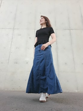 「GU（ジーユー）のマーメイドデニムスカート（デニムスカート、ブルー系）」を使った、Rieさん（レディース・168cm）の夏コーディネート