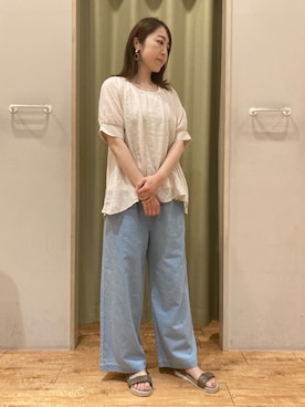 「DRESKIP（ドレスキップ）の【S-LL/2点セット】インせず着られる はしごレース5分袖ブラウス（シャツ/ブラウス、ベージュ系）」を使った、hashiさん（レディース・163cm）の春コーディネート