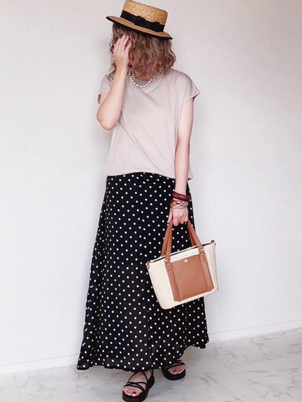 「カンカン帽、フレンチスリーブ、GU、ドット、ドットスカート、ロングスカート、ZARA、かごバッグ、しまむら、プチプラ」｜「GUのアイテム（トップス、ベージュ系）」を使った、舞妓さん（レディース・160cm）の夏コーディネートの1枚目の写真