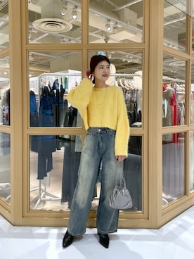 「mystic（ミスティック）のウールシャギーショートニット（ニット/セーター、イエロー系）」を使った、shiraiさん（レディース・160cm）の冬コーディネート