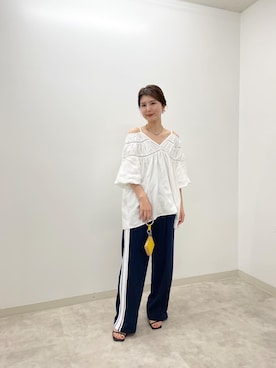 「mystic（ミスティック）のハシゴレースギャザーブラウス（シャツ/ブラウス、ホワイト系）」を使った、shiraiさん（レディース・160cm）の春コーディネート
