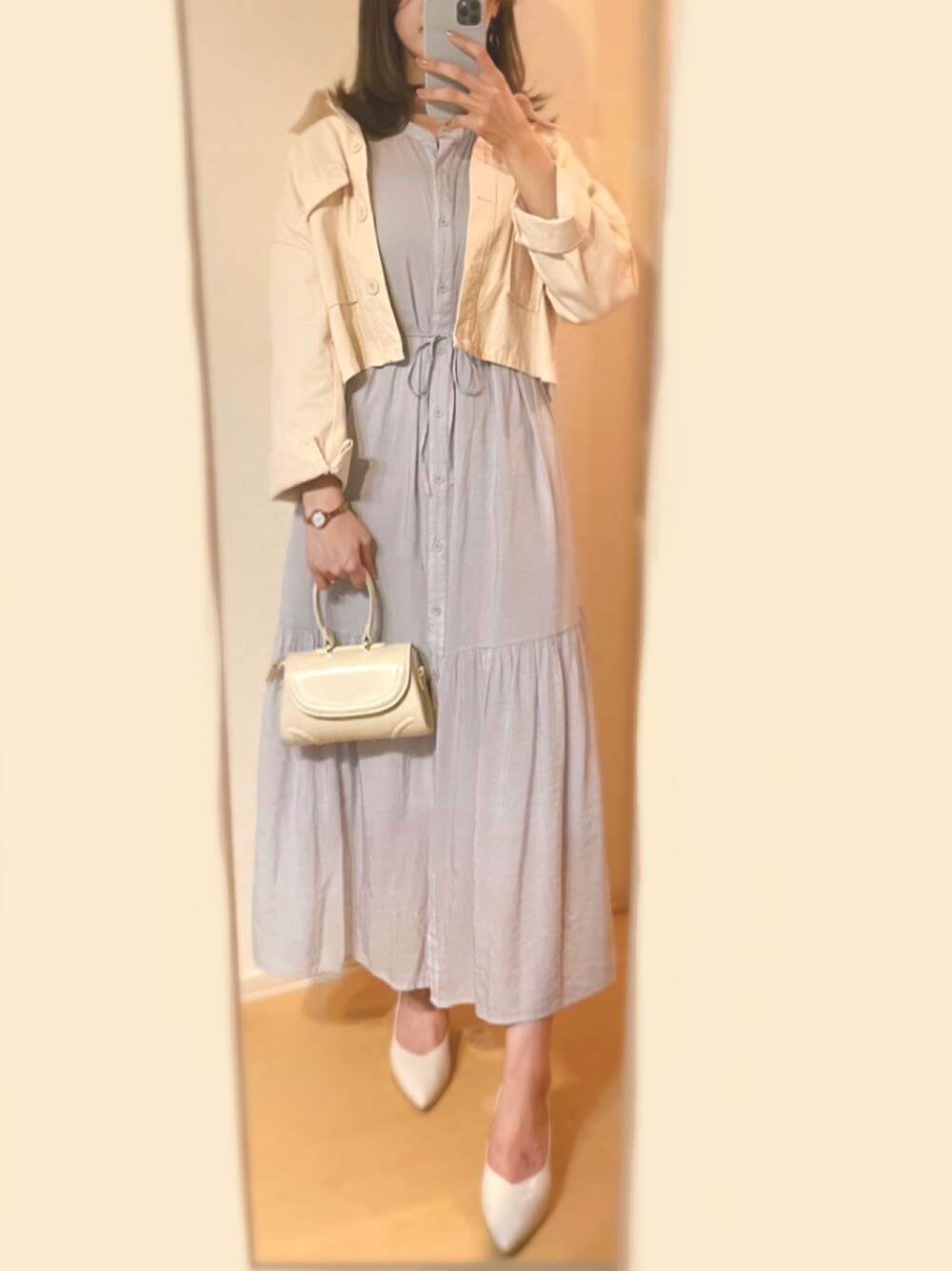 「春服、休日スタイル、おでかけコーデ、パステル映える春、きれいめコーディネート、春コーデ、シャツワンピ」｜「DHOLICのフラップポケットショートジャケット（その他アウター、ホワイト系）」を使った、🌙さん（レディース・157cm）の春コーディネートの1枚目の写真