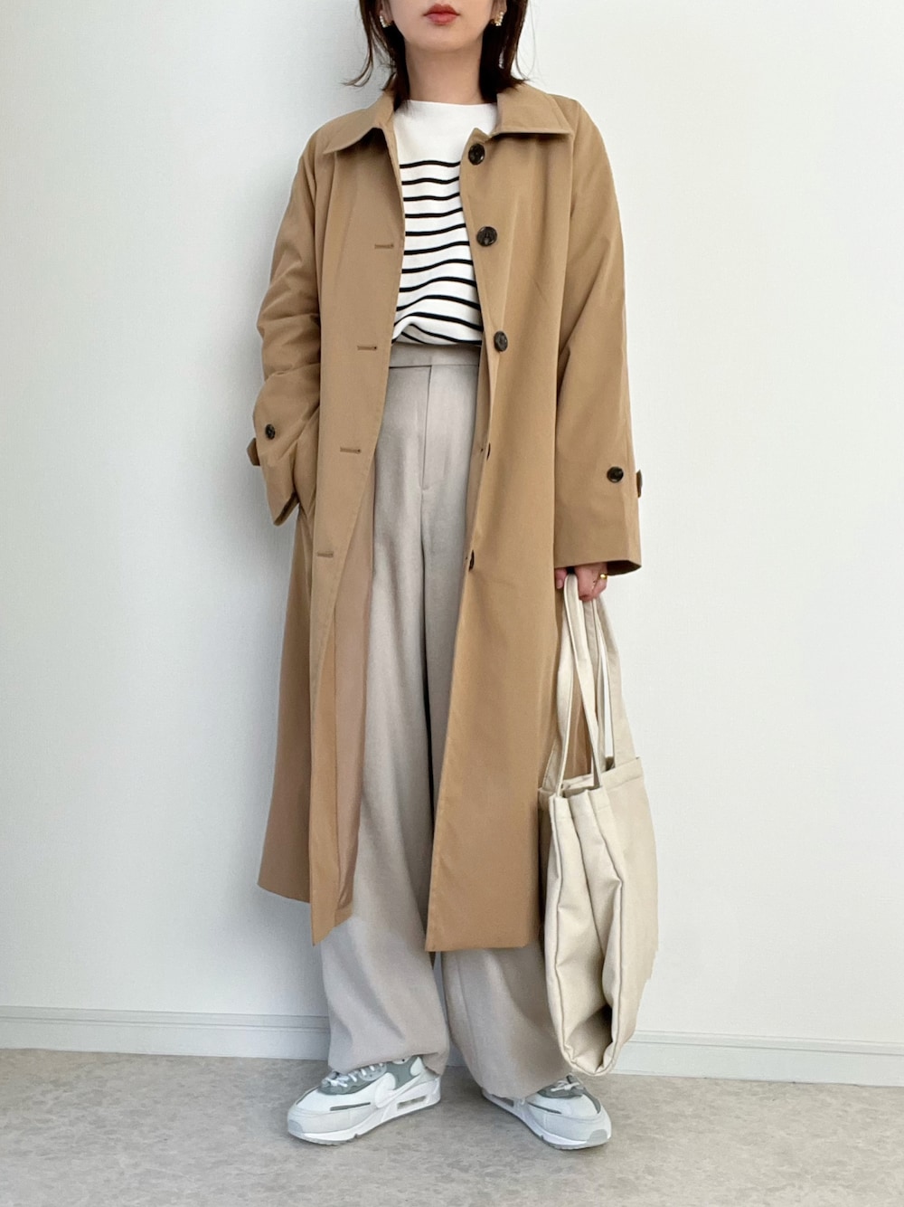 「春服デビュー宣言、GU、春コーデ、春コート、ボーダー、ワイドパンツ、エアマックス」｜「OPAQUE.CLIPのオーガニックコットン ボートネックニット【7色展開】（ニット/セーター、ホワイト系）」を使った、maiko さん（骨格ウェーブ・レディース・159cm）の春コーディネートの1枚目の写真