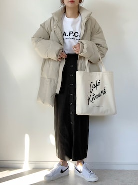 「Maison Kitsune（メゾンキツネ）のアイテム（トートバッグ）」を使った、maiko さん（レディース・159cm）の冬コーディネート