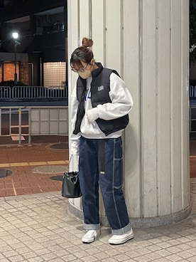 「巾着バッグ」｜「アイテム（ダウンベスト）」を使った、ponさん（レディース・163cm）の冬コーディネート